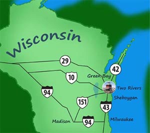 Map of Wisconsin highlighting Two Rivers